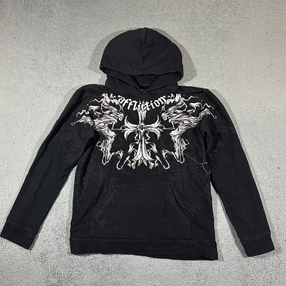 Affliction Jump Hoodie Men's Size Small Y2K Cross Skulls MMA Pullover #3916